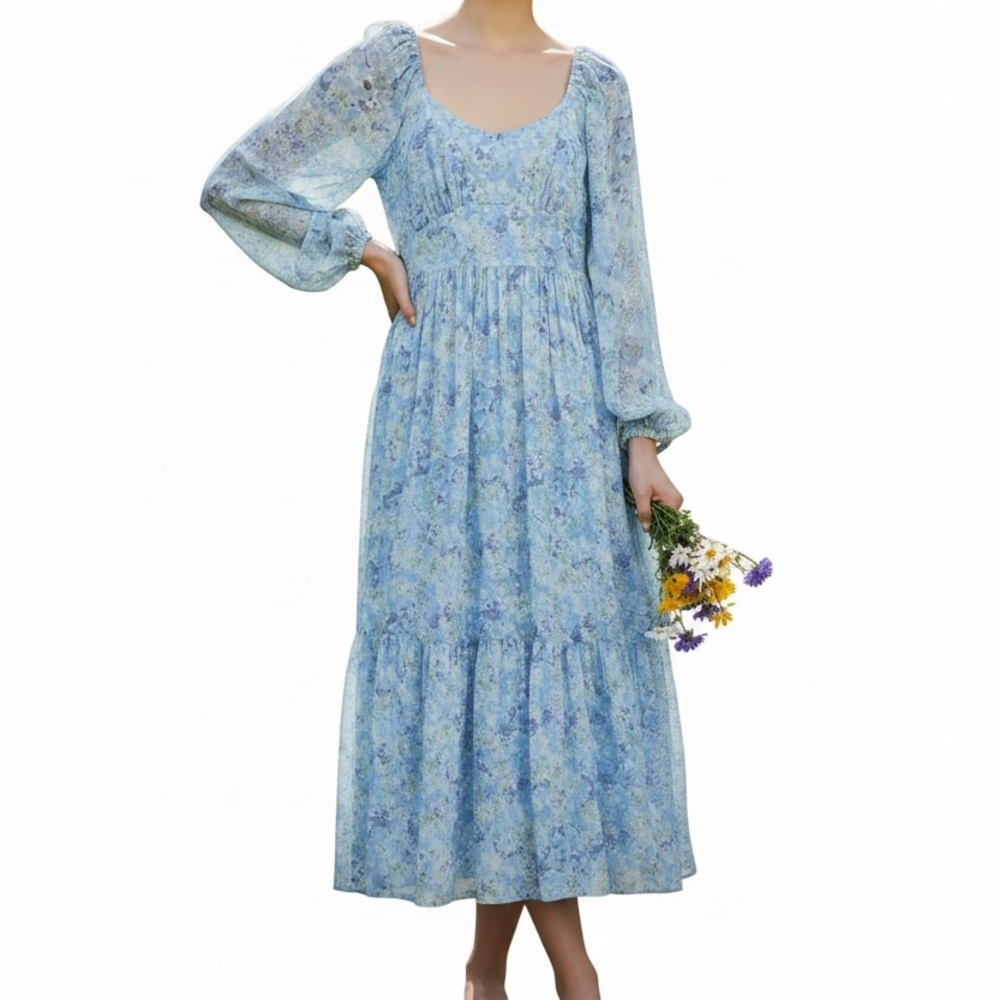 & Other Stories Blue Ditsy Floral Chiffon Cottagecore Midi Dress sz 10 NWT